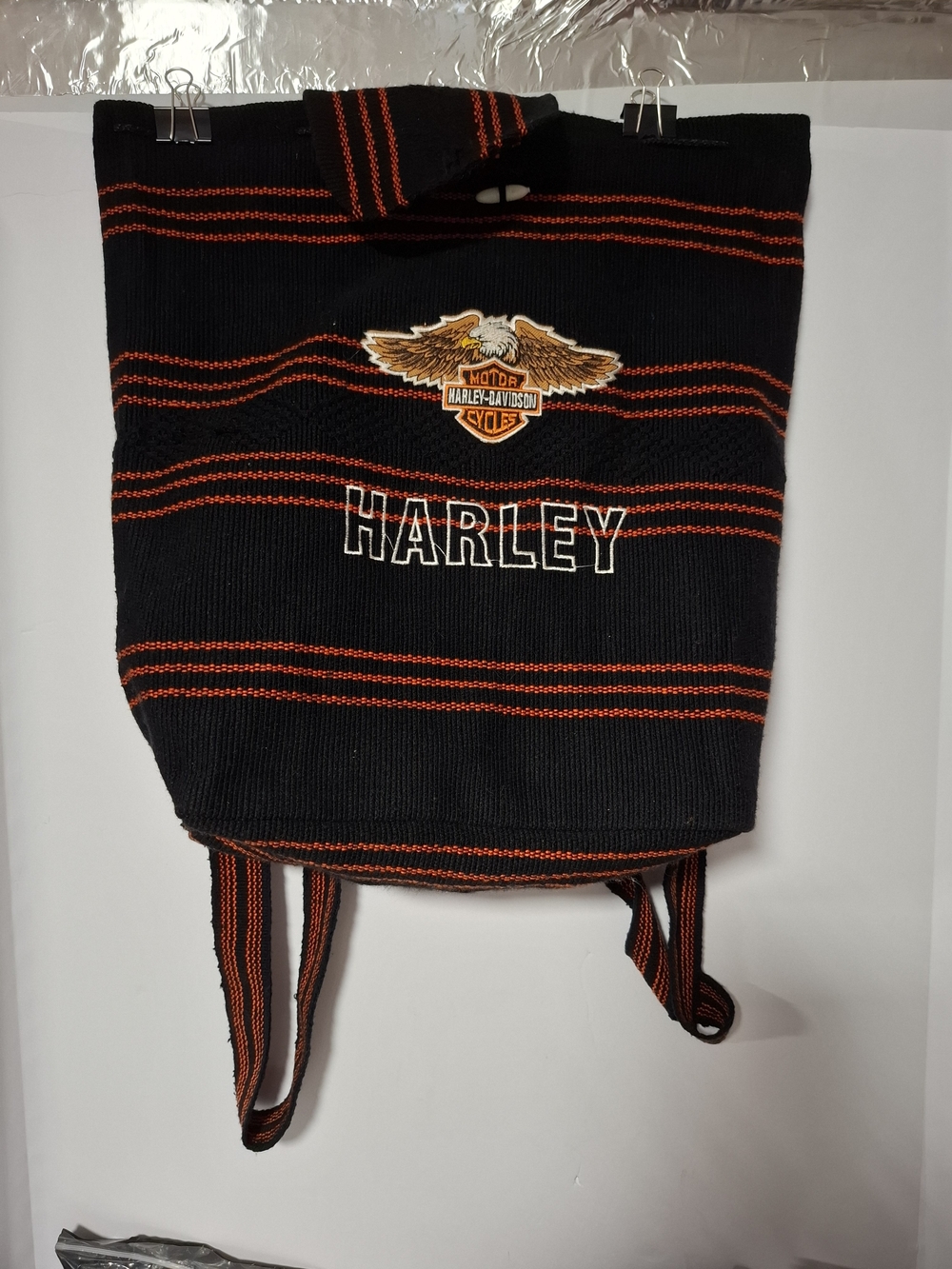 Harley-Davidson Black and Orange Striped Knit Backpack Tote